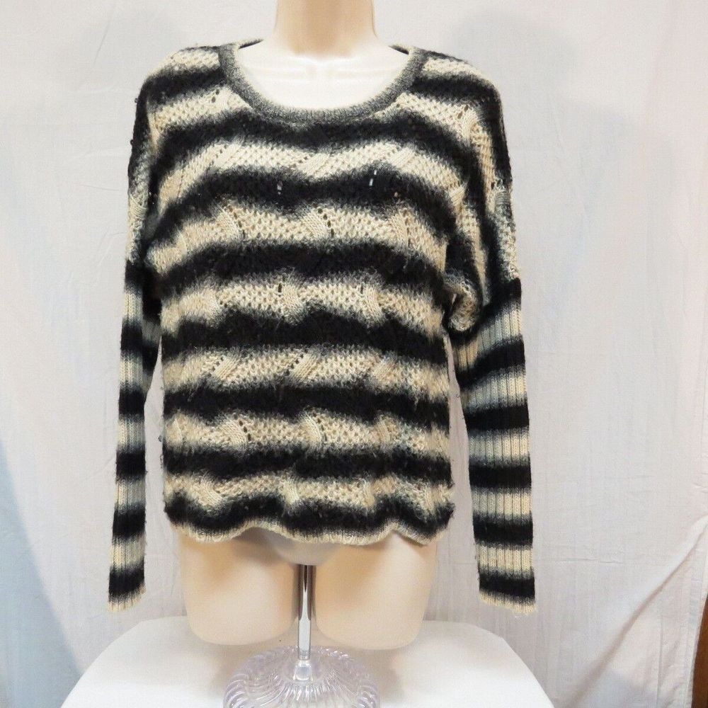 Antonio Melani Sweater Womens Striped Knit Open Weave Black Cream Casual Small